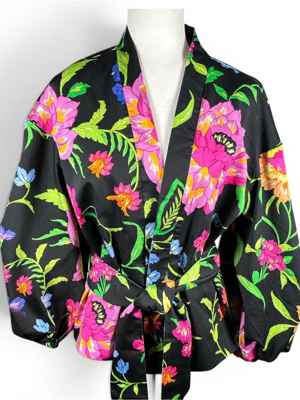 Natori Junko Cotton Blend Chino Belted Topper Jacket Black Floral 12